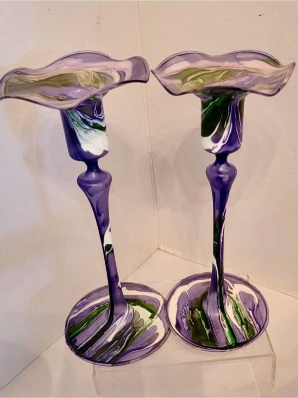 Penco Flame Glow Hand Blown Glass Candle Holders - Set of TWO  - 7.5” and 8”